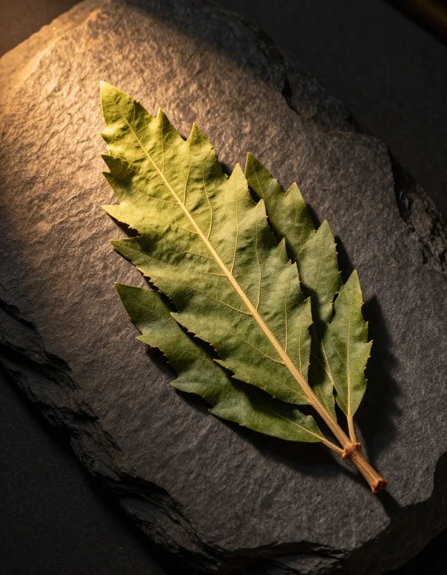 A dried botanical leaf specimen photographed on a dark surface under warm light