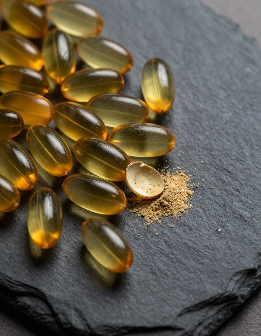 B-complex vitamin capsules on a dark surface