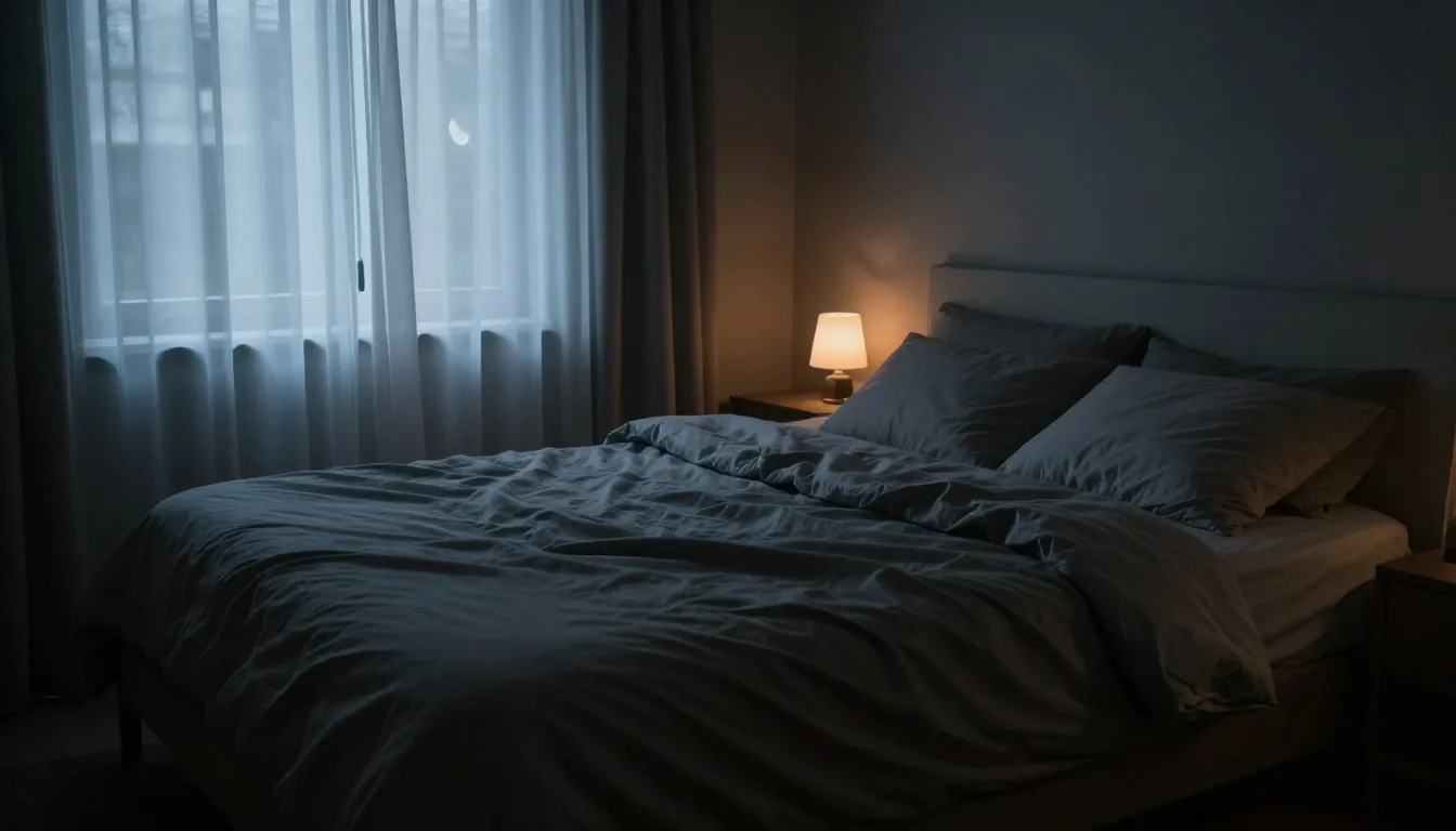 A quiet, dark bedroom scene at night with soft moonlight