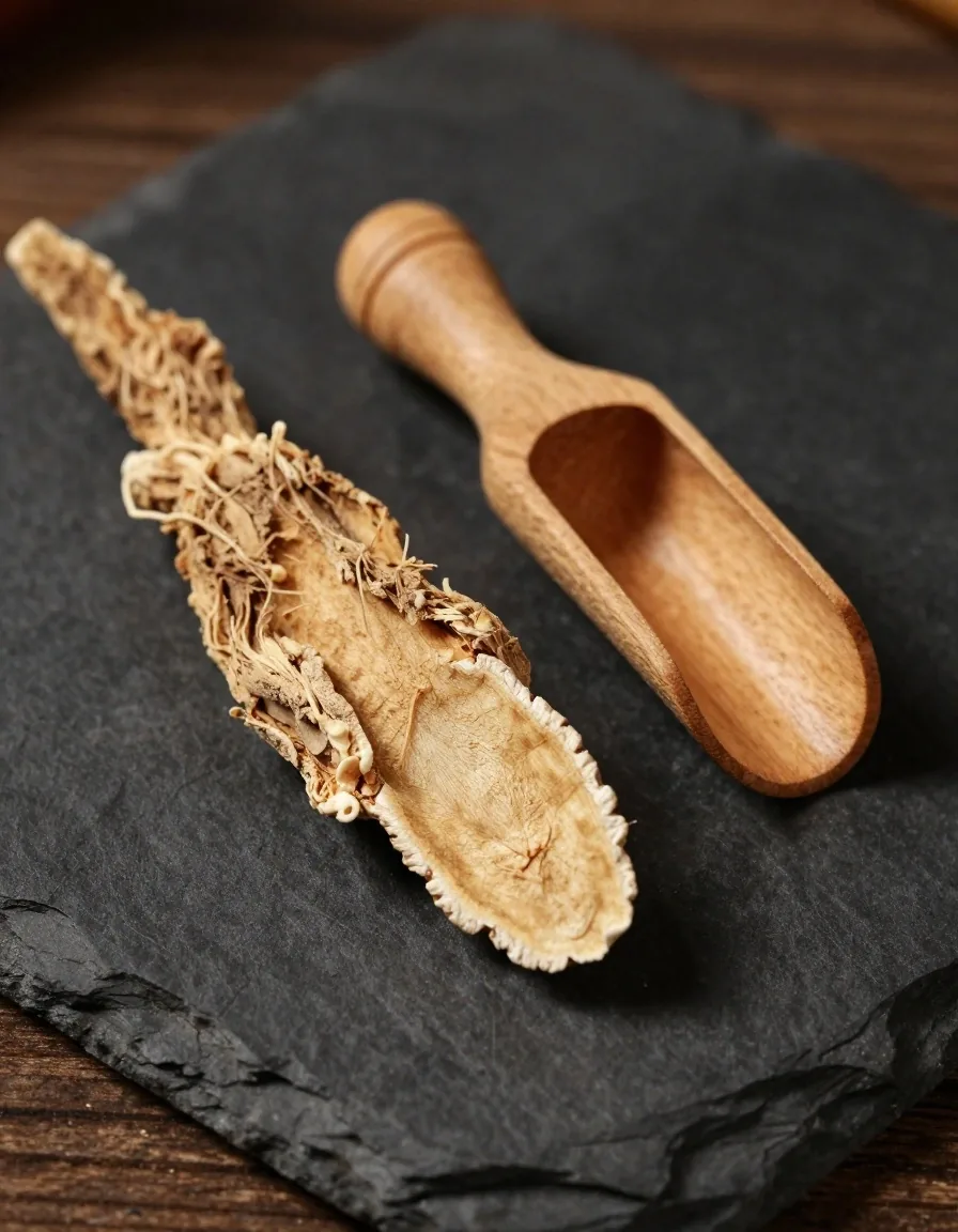 Maca root powder and dried slices on a dark surface