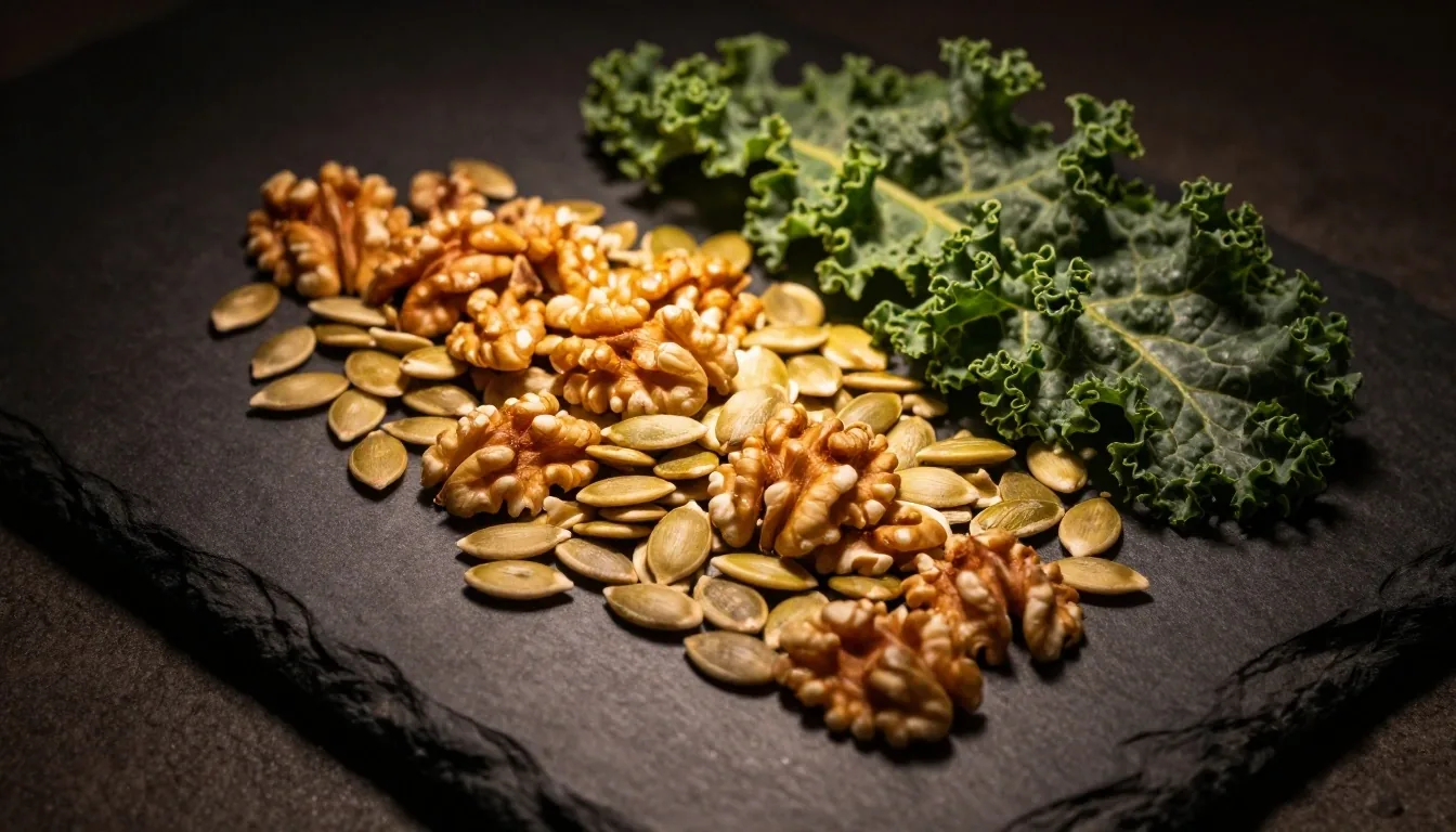 Whole foods and natural ingredients arranged on a dark surface