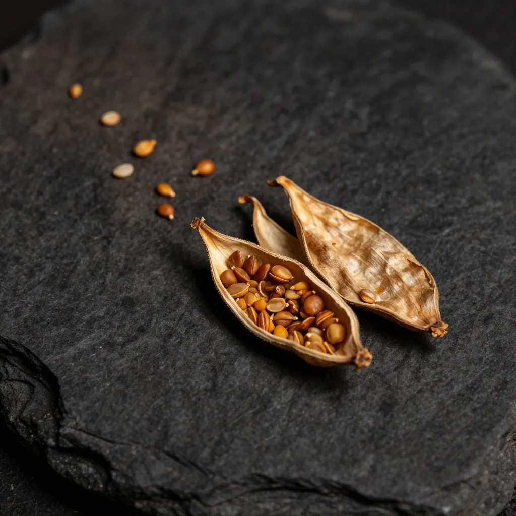 Dried seed pods on a dark surface
