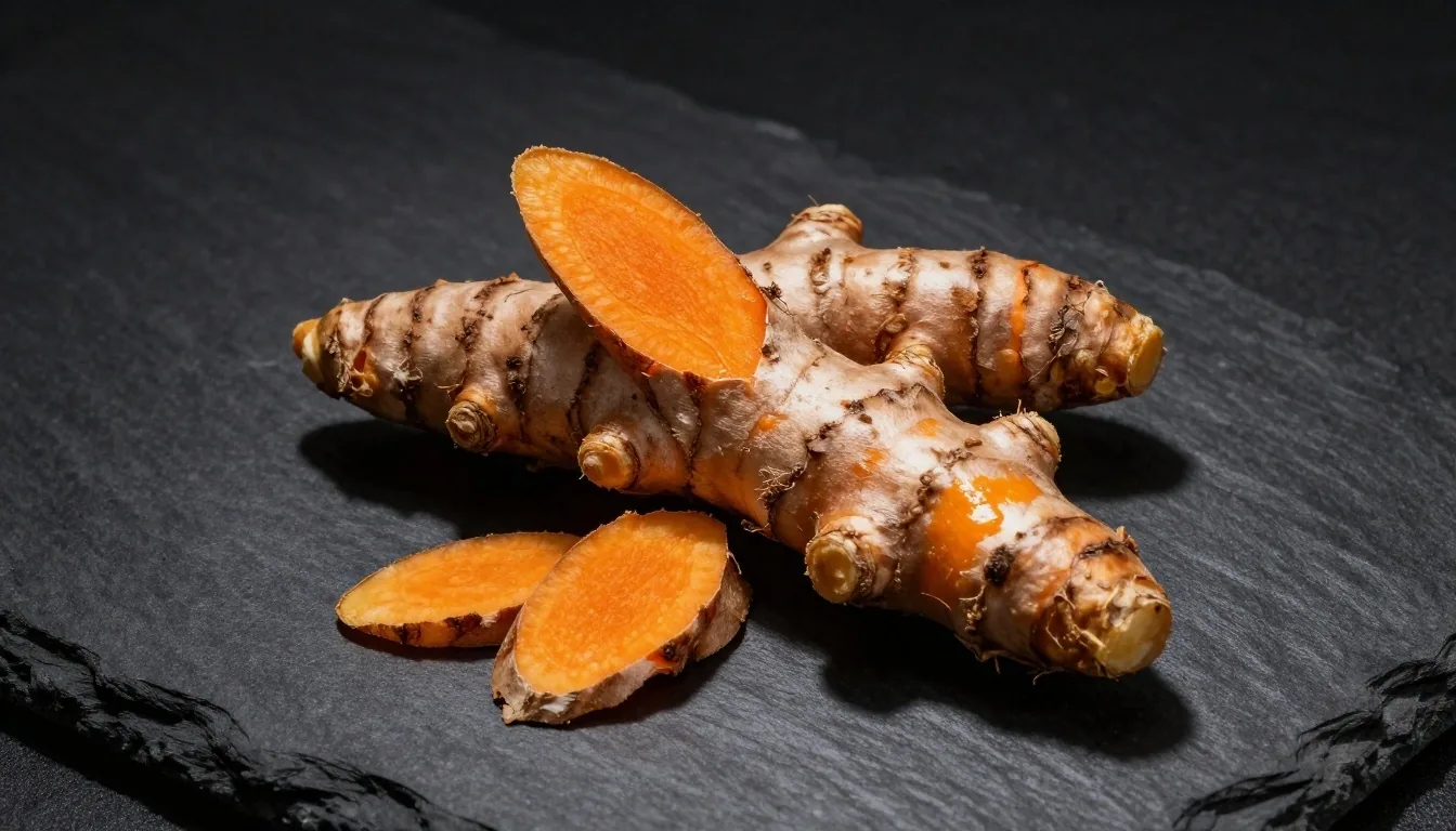 Turmeric root specimen under spotlight